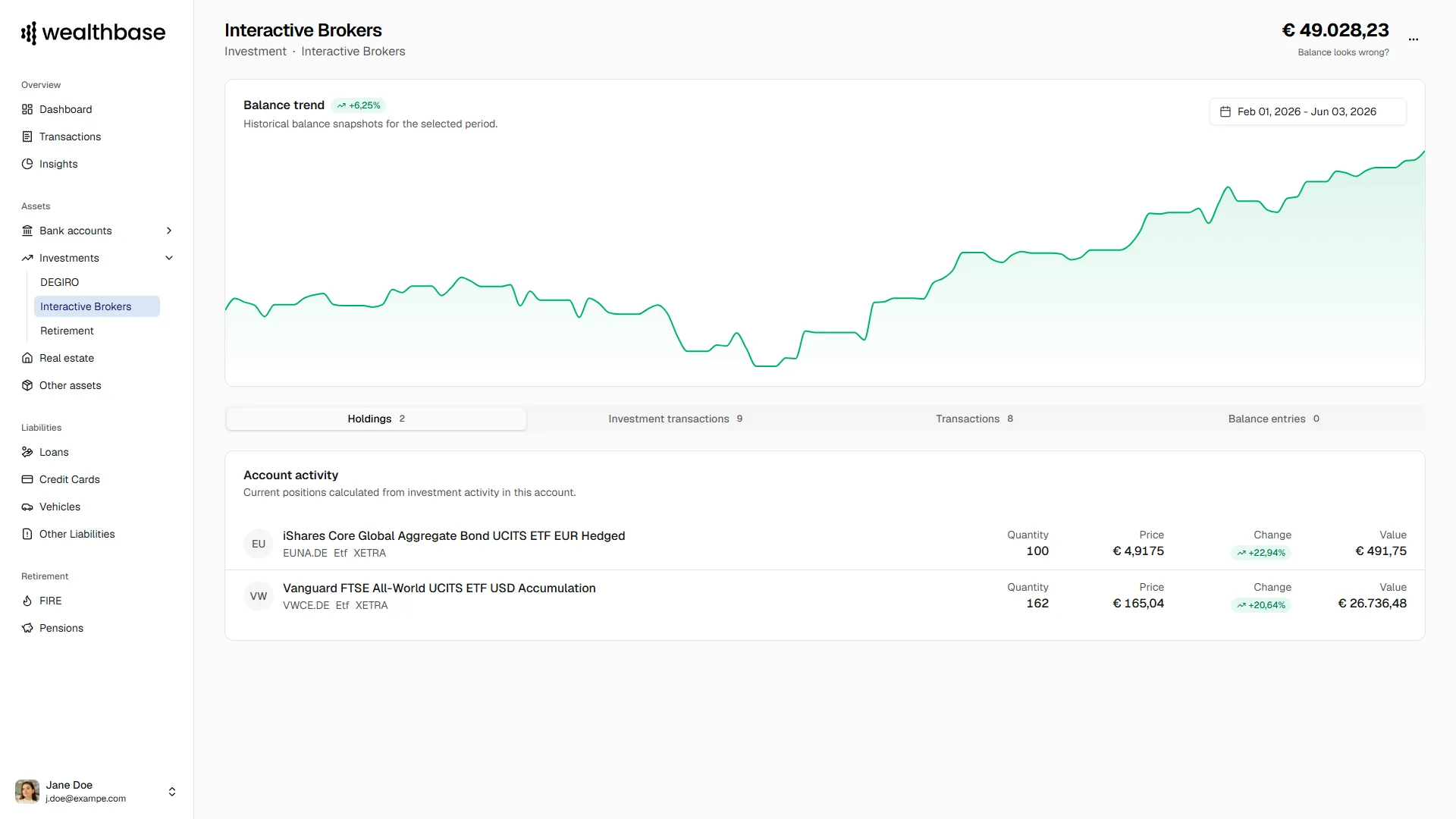 wealthbase holdings dashboard showing investment and asset allocation